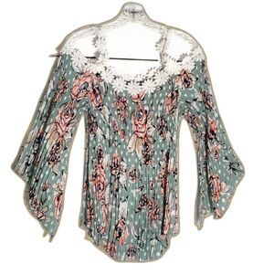 Kate and Mallory Pleated Flower Cold Shoulder Bell Sleeve Top